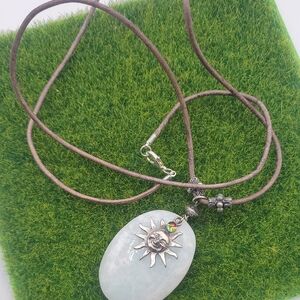 Natural Jade Sun Pendant Necklace with Leather Cord 22 Inch Precious Stone N3908